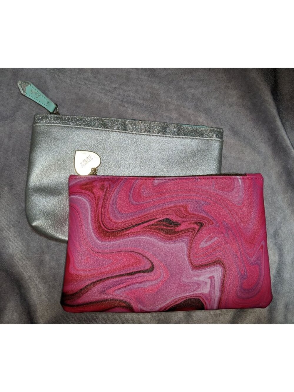 Ipsy Pink Swirl & Silver Glitter Zip Pouch Set